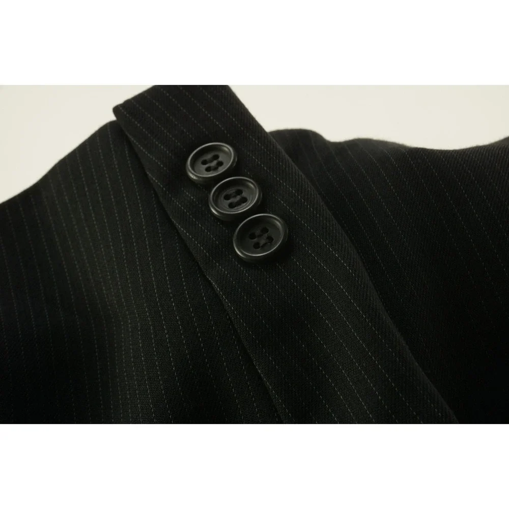 Vintage Giorgio Armani Mens 44L Black Blue Pinstripe Gabardine Wool 3 Btn Blazer